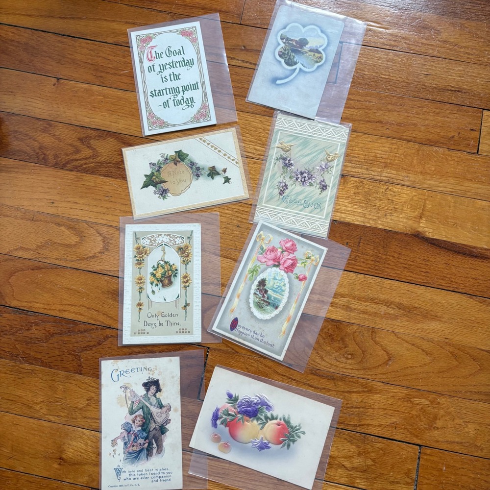 Vintage Postcard Lot 8pc Mixed Floral Embossed Good Luck Inspirational